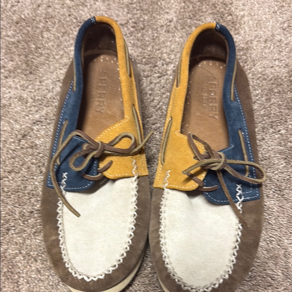 Sperry Brown and Yellow Boat Shoes with Moccasin Toe Stitching